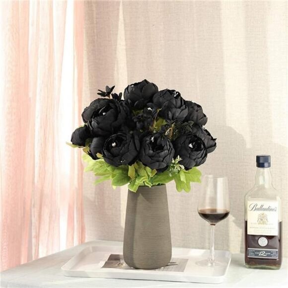 2Pcs Vintage Artificial Peony Silk Flowers (Black) - Picture 3 of 6
